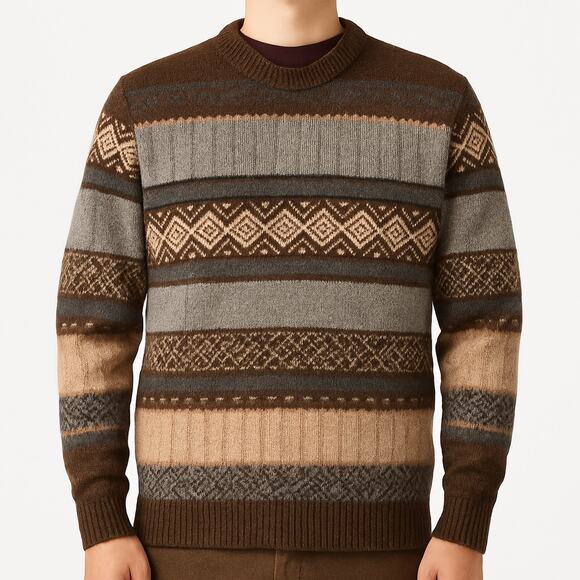 Antartex Wool Fair Isle Sweater Brown Gray Vintage Knit XL - Picture 7 of 7